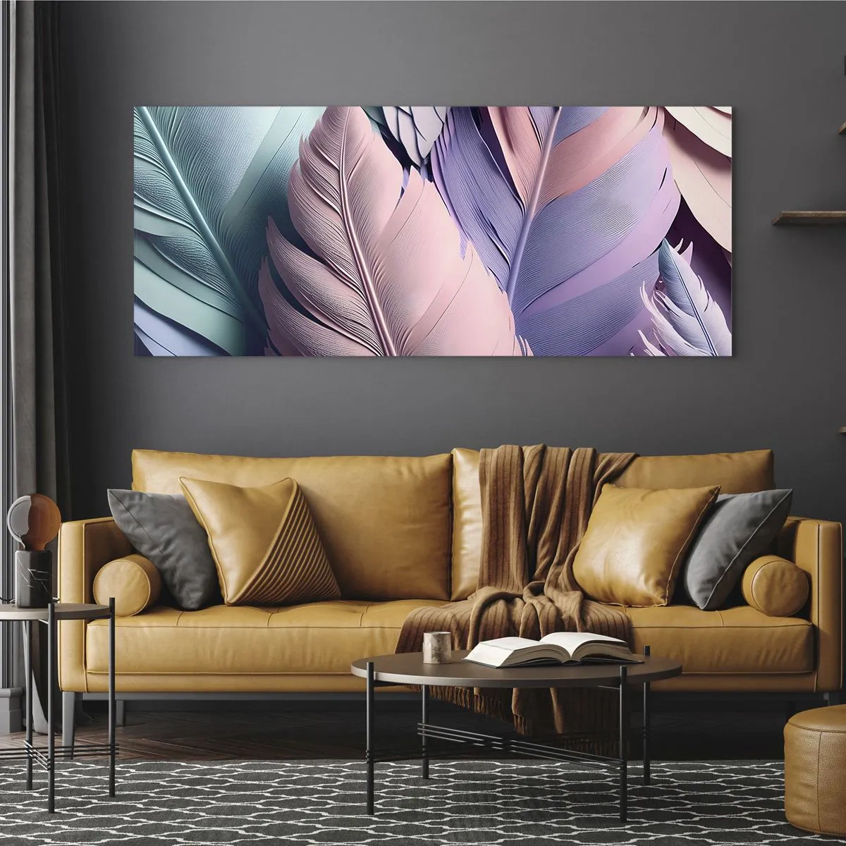 Cuadro sobre vidrio - Impresiones sobre Vidrio - Plumas de colores en tonos pastel sobre un fondo claro. - 160x50cm - Pájaro chic - Decoración de pared moderna para salón y dormitorio ARTTOR