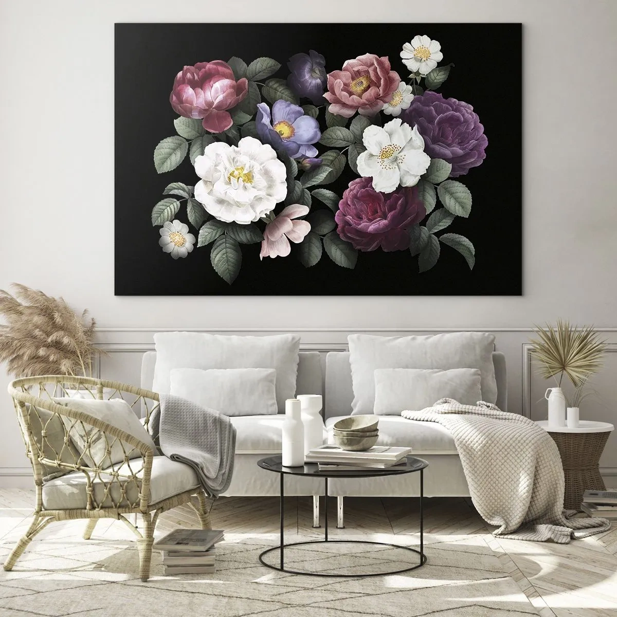 Cuadro sobre vidrio - Impresiones sobre Vidrio - Composición floral con peonías sobre fondo negro. - 70x50cm - De un jardín inglés - Decoración de pared moderna para salón y dormitorio ARTTOR