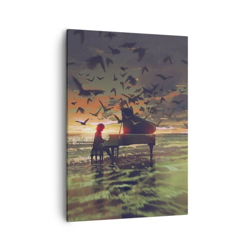 Cuadro sobre lienzo - Impresión de Imagen - Un piano en la orilla del mar al atardecer con pájaros. - 50x70cm - Concierto de piano y olas - Decoración de pared moderna para salón y dormitorio ARTTOR