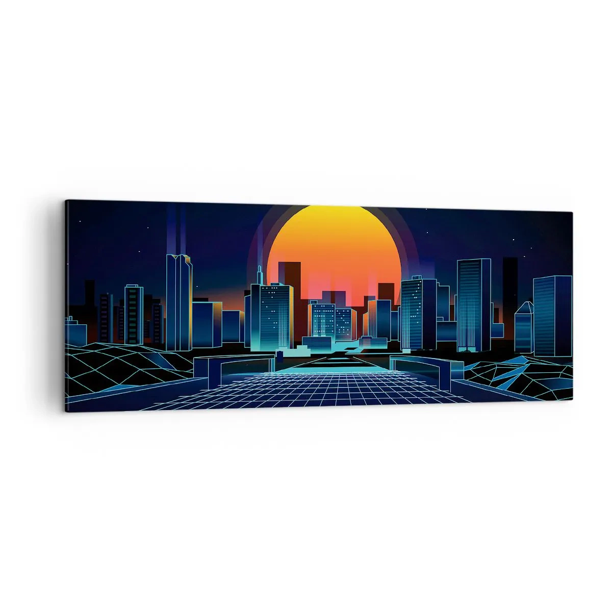 Cuadro sobre lienzo - Impresión de Imagen - Horizonte urbano futurista de estilo neón - 140x50cm - ¿Todavía deseas volver a la realidad? - Decoración de pared moderna para salón y dormitorio ARTTOR