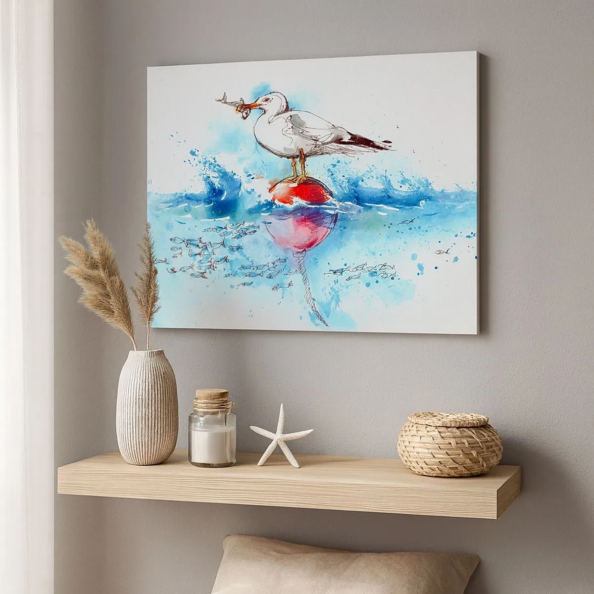 Cuadro sobre lienzo - Impresión de Imagen - Gaviota en una boya con peces al fondo en estilo acuarela - 70x50cm - Una captura exitosa - Decoración de pared moderna para salón y dormitorio ARTTOR