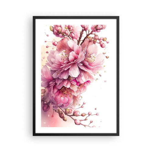 Póster en marco negro - Delicadas flores de cerezo rosadas en plena floración sobre un fondo claro. - 50x70cm - Flor de cerezo - Decoración de pared moderna para salón y dormitorio ARTTOR