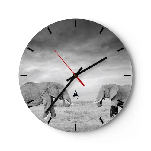 Reloj de pared - Reloj de vidrio - Dos elefantes en la sabana en blanco y negro - 30x30cm - El gris es hermoso - Decoración de pared moderna para salón, cocina y dormitorio ARTTOR