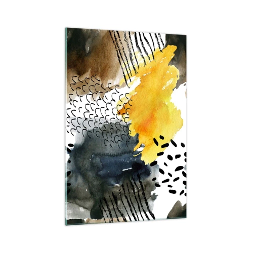 Cuadro sobre vidrio - Impresiones sobre Vidrio - Una composición abstracta con acentos amarillos y patrones gráficos. - 70x100cm - Reunión de los elementos - Decoración de pared moderna para salón y dormitorio ARTTOR