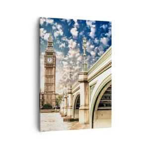 Cuadro sobre lienzo - Impresión de Imagen - El Big Ben y el puente de Westminster iluminados por el sol en Londres - 50x70cm - Nubes sobre el Támesis - Decoración de pared moderna para salón y dormitorio ARTTOR