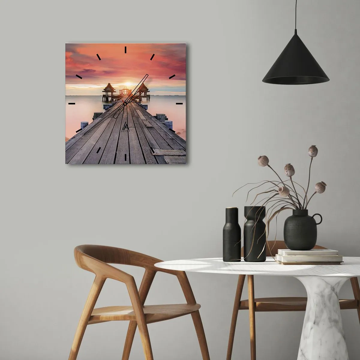 Reloj de pared - Reloj de vidrio - Muelle de madera que conduce a los miradores al atardecer - 30x30cm - De este a oeste - Decoración de pared moderna para salón y dormitorio ARTTOR