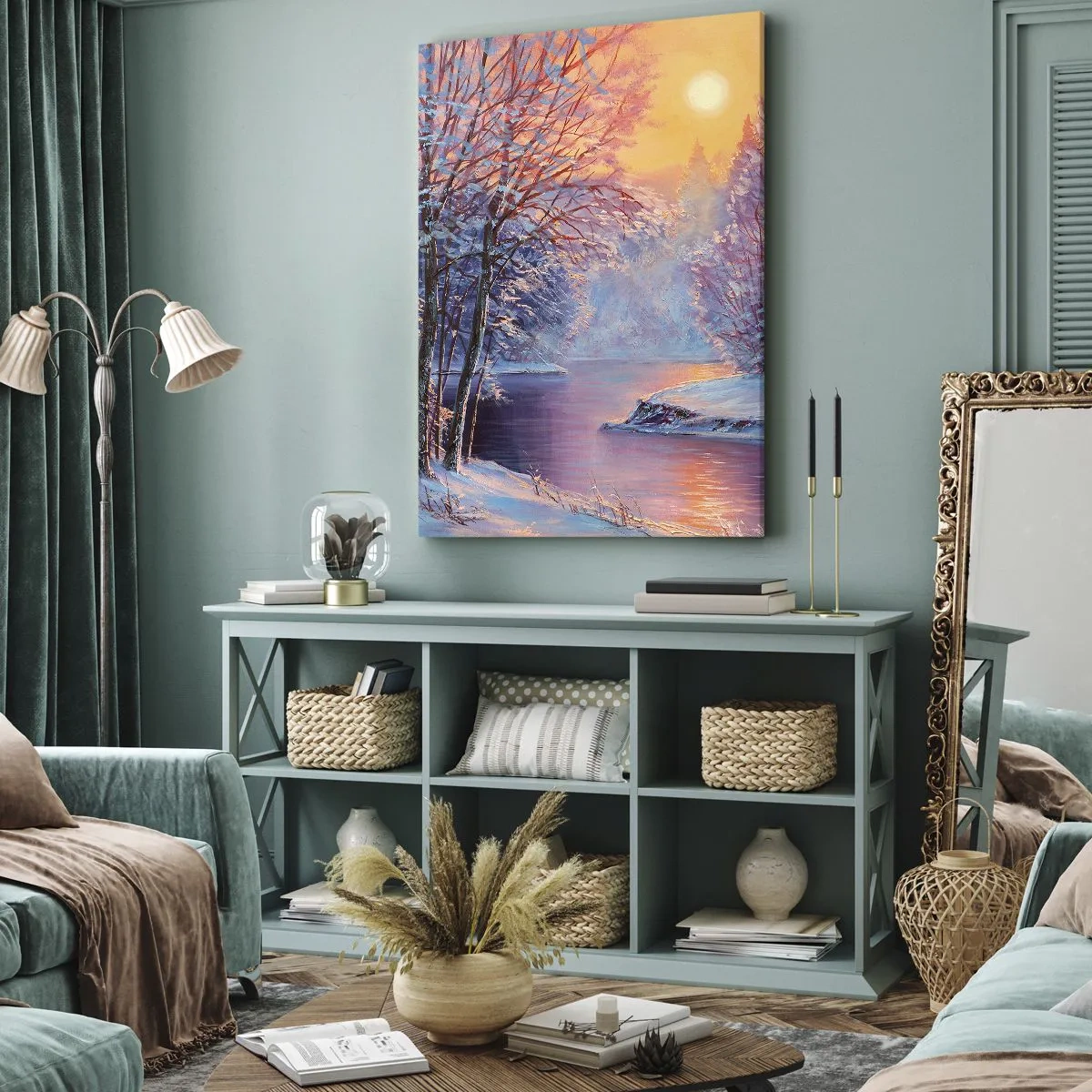 Cuadro sobre lienzo - Impresión de Imagen - Paisaje invernal con río y árboles al amanecer. - 70x100cm - Colores del invierno - Decoración de pared moderna para salón y dormitorio ARTTOR