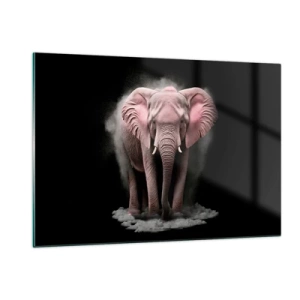 Cuadro sobre vidrio - Impresiones sobre Vidrio - Un elefante rosa sobre un fondo negro rodeado de una nube de polvo. - 120x80cm - El rey rosado de oriente - Decoración de pared moderna para salón y dormitorio ARTTOR