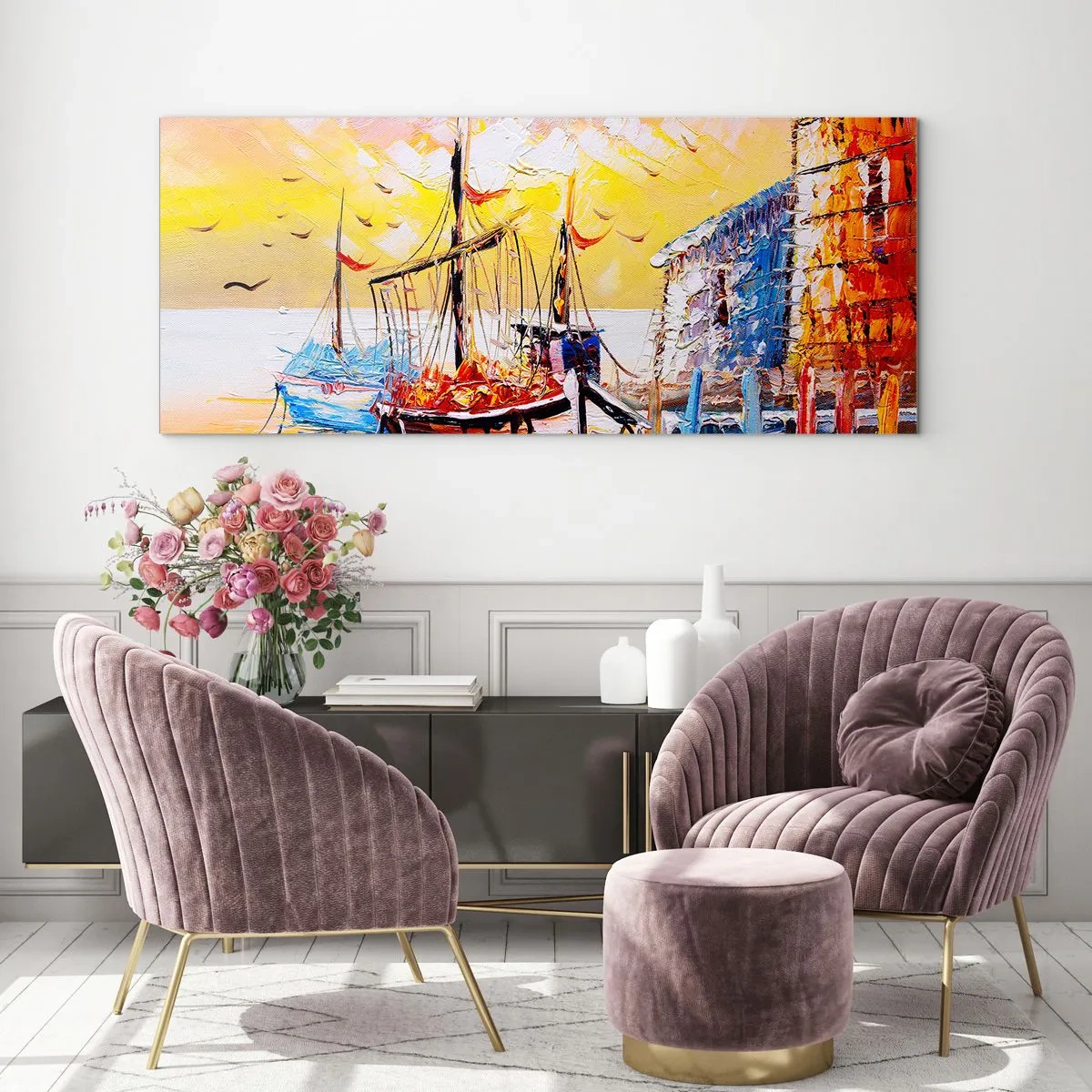 Cuadro sobre vidrio - Impresiones sobre Vidrio - Puerto pintoresco al atardecer con barcos de pesca - 160x50cm - Feliz regreso - Decoración de pared moderna para salón y dormitorio ARTTOR