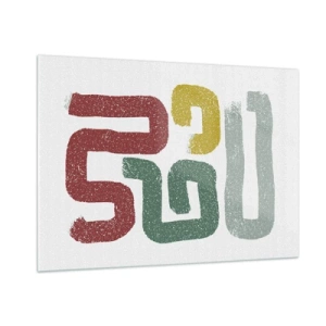 Cuadro sobre vidrio - Impresiones sobre Vidrio - Letreros abstractos coloridos sobre un fondo blanco - 100x70cm - En un idioma desconocido - Decoración de pared moderna para salón y dormitorio ARTTOR