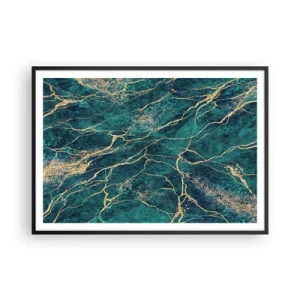 Póster en marco negro - Patrón de mármol texturizado en tonos turquesa y dorado. - 100x70cm - Riachuelos de oro - Decoración de pared moderna para salón y dormitorio ARTTOR