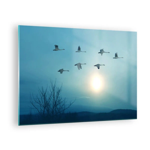 Cuadro sobre vidrio - Impresiones sobre Vidrio - Cisnes volando con el sol poniente como telón de fondo y un paisaje invernal. - 70x50cm - Adiós al verano por un año - Decoración de pared moderna para salón y dormitorio ARTTOR