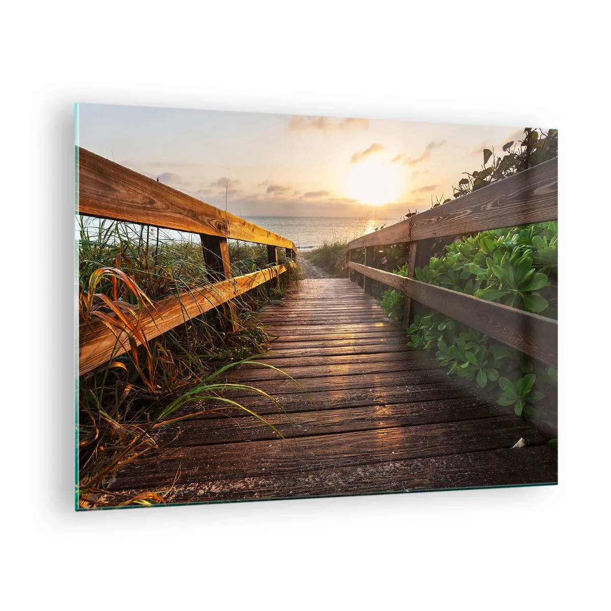 Cuadro sobre vidrio - Impresiones sobre Vidrio - Pasarela de madera que conduce a la playa al atardecer - 70x50cm - Y directamente a la orilla - Decoración de pared moderna para salón y dormitorio ARTTOR