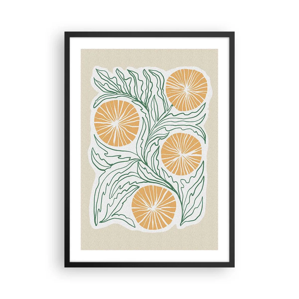 Póster en marco negro - Composición abstracta de hojas y naranjas sobre un fondo beige. - 50x70cm - Étnico con un toque de abstracción - Decoración de pared moderna para salón y dormitorio ARTTOR