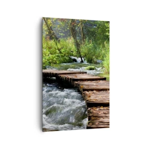 Cuadro sobre lienzo - Impresión de Imagen - Un puente de madera sobre un arroyo caudaloso rodeado por el verdor del bosque. - 80x120cm - Sobre una cascada de espuma - Decoración de pared moderna para salón y dormitorio ARTTOR