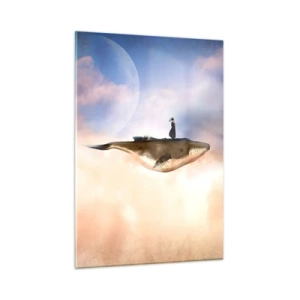 Cuadro sobre vidrio - Impresiones sobre Vidrio - Una ballena de fantasía flotando en las nubes con una mujer en su espalda. - 50x70cm - Un viaje surrealista - Decoración de pared moderna para salón y dormitorio ARTTOR