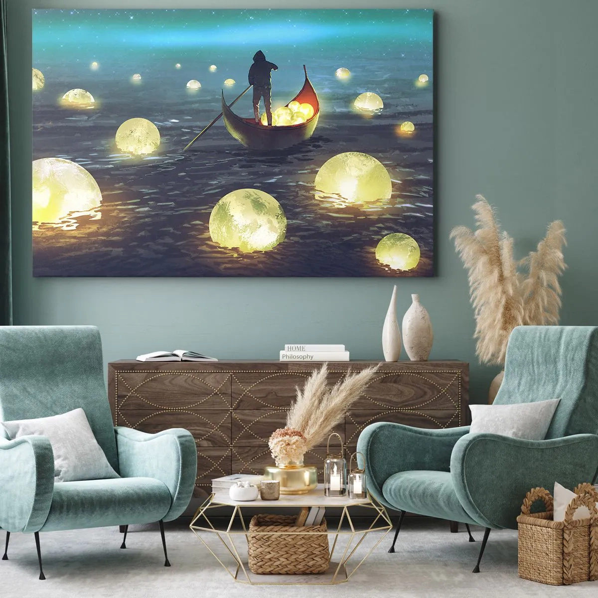 Cuadro sobre lienzo - Impresión de Imagen - Una figura en un barco rodeada de bolas luminosas en el agua. - 70x50cm - Cosas que los filósofos nunca soñaron - Decoración de pared moderna para salón y dormitorio ARTTOR