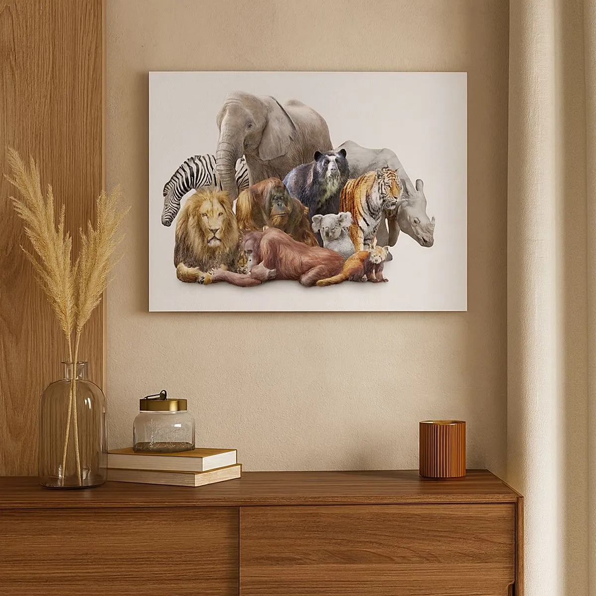 Cuadro sobre lienzo - Impresión de Imagen - Una variedad de animales salvajes en una composición grupal. - 70x50cm - Una foto de familia africana - Decoración de pared moderna para salón y dormitorio ARTTOR