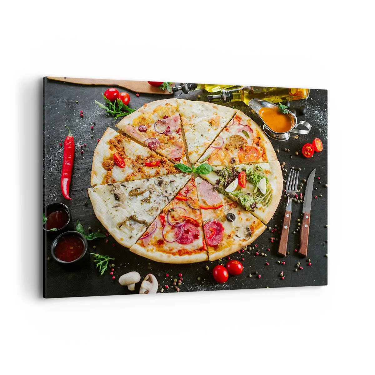 Cuadro sobre lienzo - Impresión de Imagen - Pizza en varios sabores con fondo de ingredientes. - 100x70cm - Una gama de gustos - Decoración de pared moderna para salón y dormitorio ARTTOR