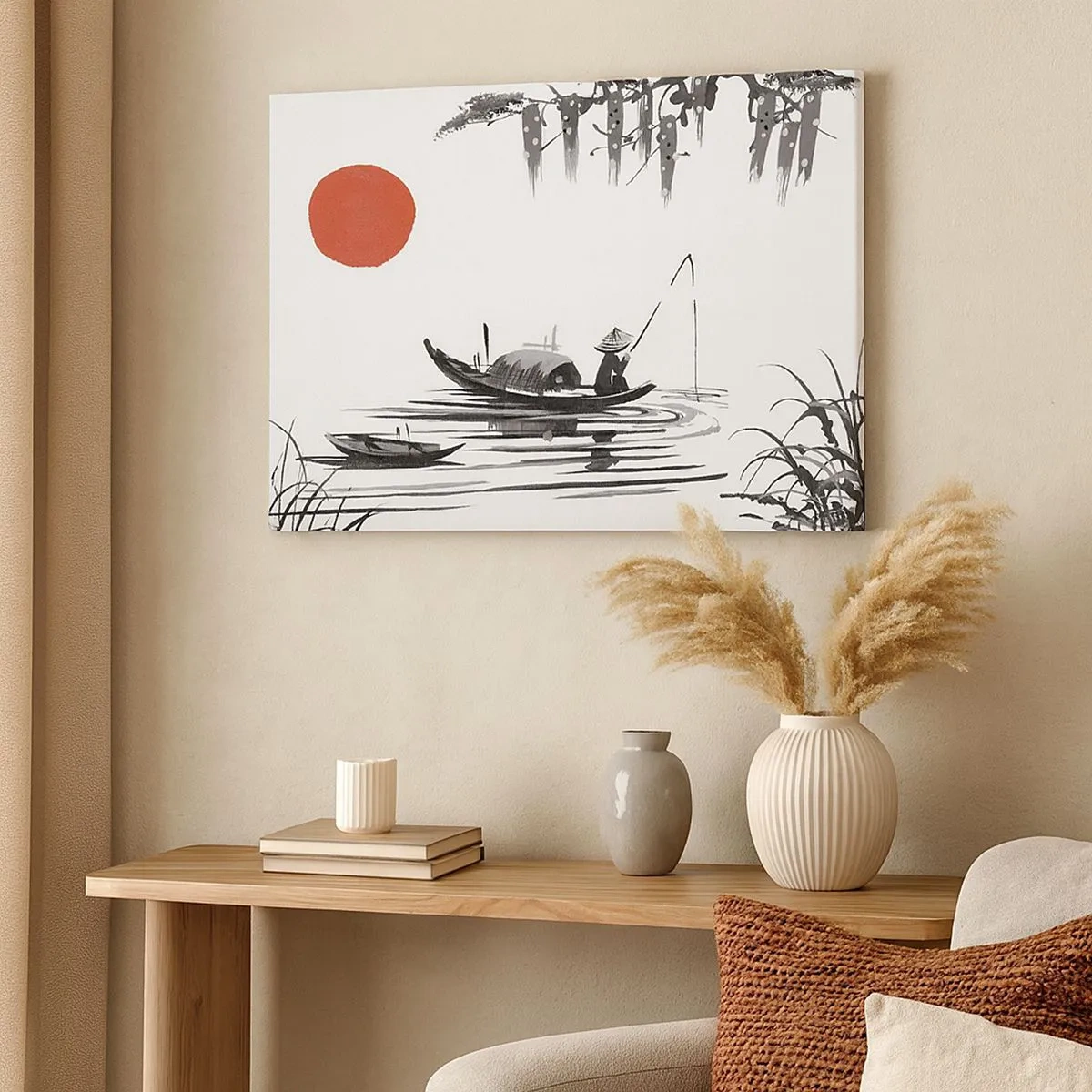 Cuadro sobre lienzo - Impresión de Imagen - Paisaje oriental con un pescador en un barco y un sol rojo. - 70x50cm - Una tarde asiática - Decoración de pared moderna para salón y dormitorio ARTTOR