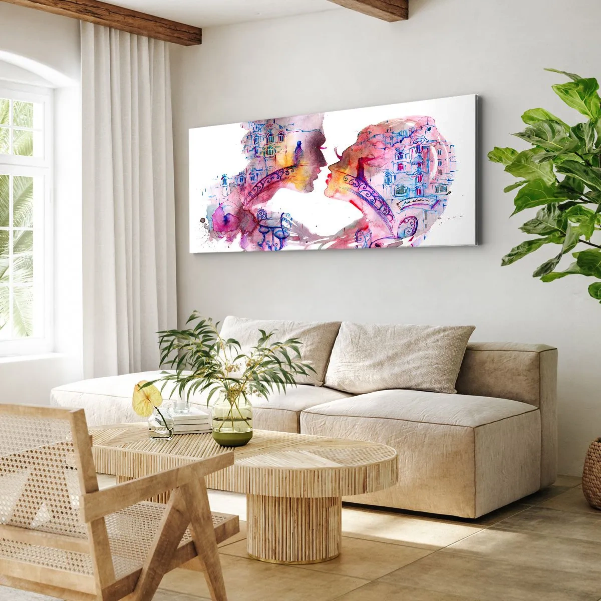 Cuadro sobre lienzo - Impresión de Imagen - Una acuarela romántica que representa las siluetas de los amantes. - 160x50cm - Un puente secreto de suspiros - Decoración de pared moderna para salón y dormitorio ARTTOR