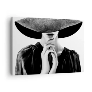 Cuadro sobre lienzo - Impresión de Imagen - Mujer elegante con un gran sombrero en tonos blanco y negro. - 70x50cm - Belleza oculta - Decoración de pared moderna para salón y dormitorio ARTTOR