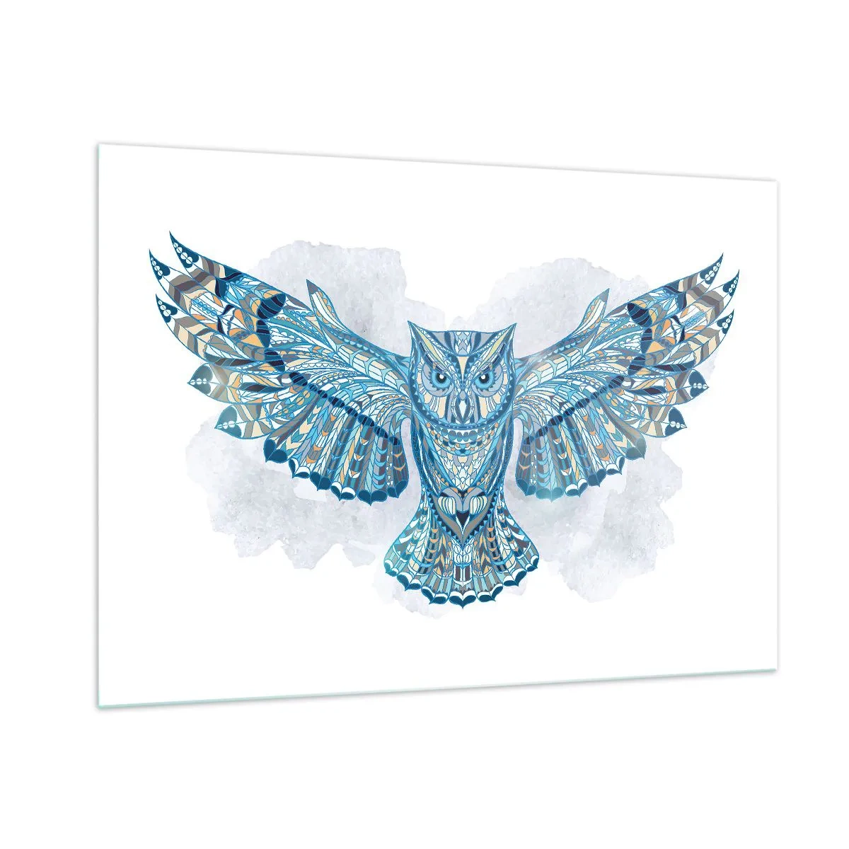 Cuadro sobre vidrio - Impresiones sobre Vidrio - Búho azul con alas extendidas en estilo geométrico - 100x70cm - De una arboleda sagrada celta - Decoración de pared moderna para salón y dormitorio ARTTOR