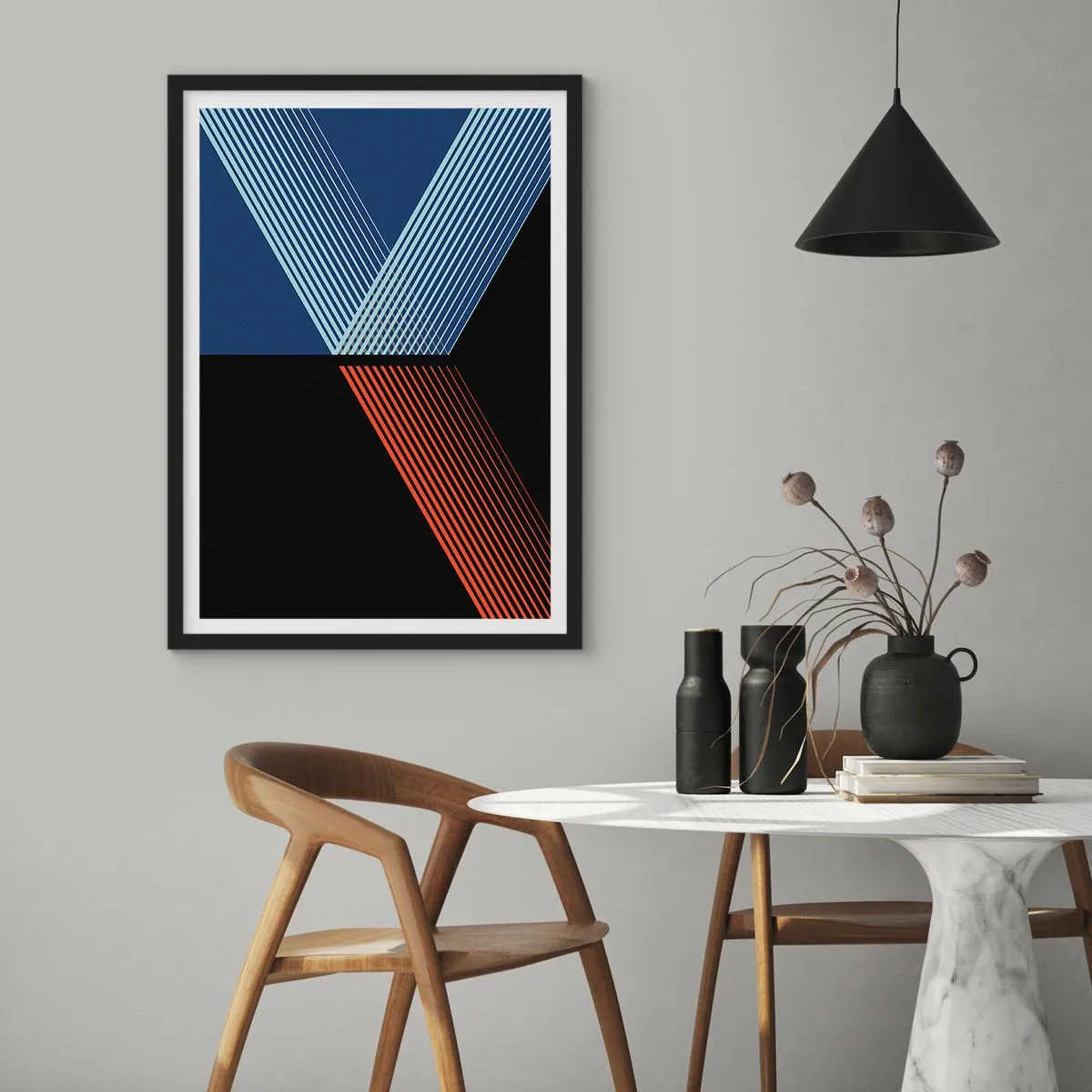 Póster en marco negro - Composición abstracta de líneas en azul, negro y rojo. - 50x70cm - La rectitud - Decoración de pared moderna para salón y dormitorio ARTTOR