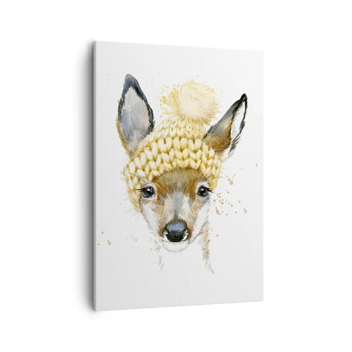 Cuadro sobre lienzo - Impresión de Imagen - Ciervo de acuarela con gorra amarilla - 50x70cm - Para el invierno en un bosque nevado - Decoración de pared moderna para salón y dormitorio ARTTOR