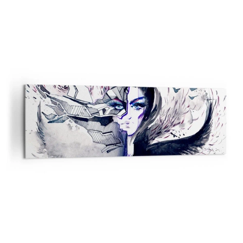 Cuadro sobre lienzo - Impresión de Imagen - Rostro abstracto con elementos contrastantes y motivo de ala. - 160x50cm - Demoníaca y hermosa - Decoración de pared moderna para salón y dormitorio ARTTOR