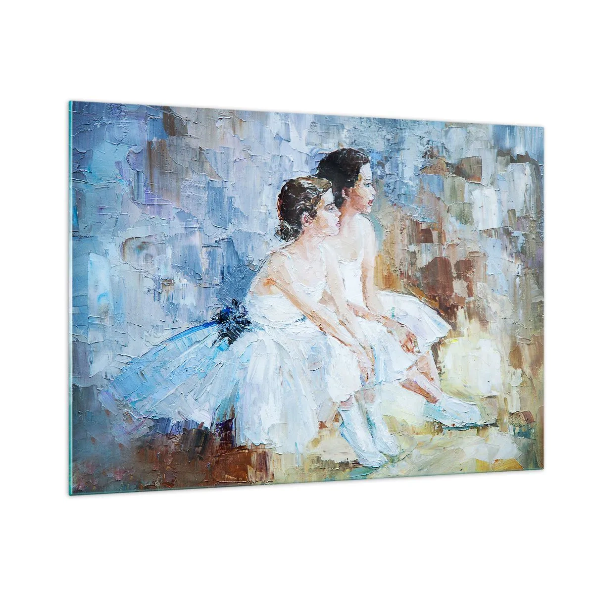 Cuadro sobre vidrio - Impresiones sobre Vidrio - Dos bailarinas con vestidos blancos sobre un fondo impresionista. - 100x70cm - Cisnes jóvenes descansando - Decoración de pared moderna para salón y dormitorio ARTTOR