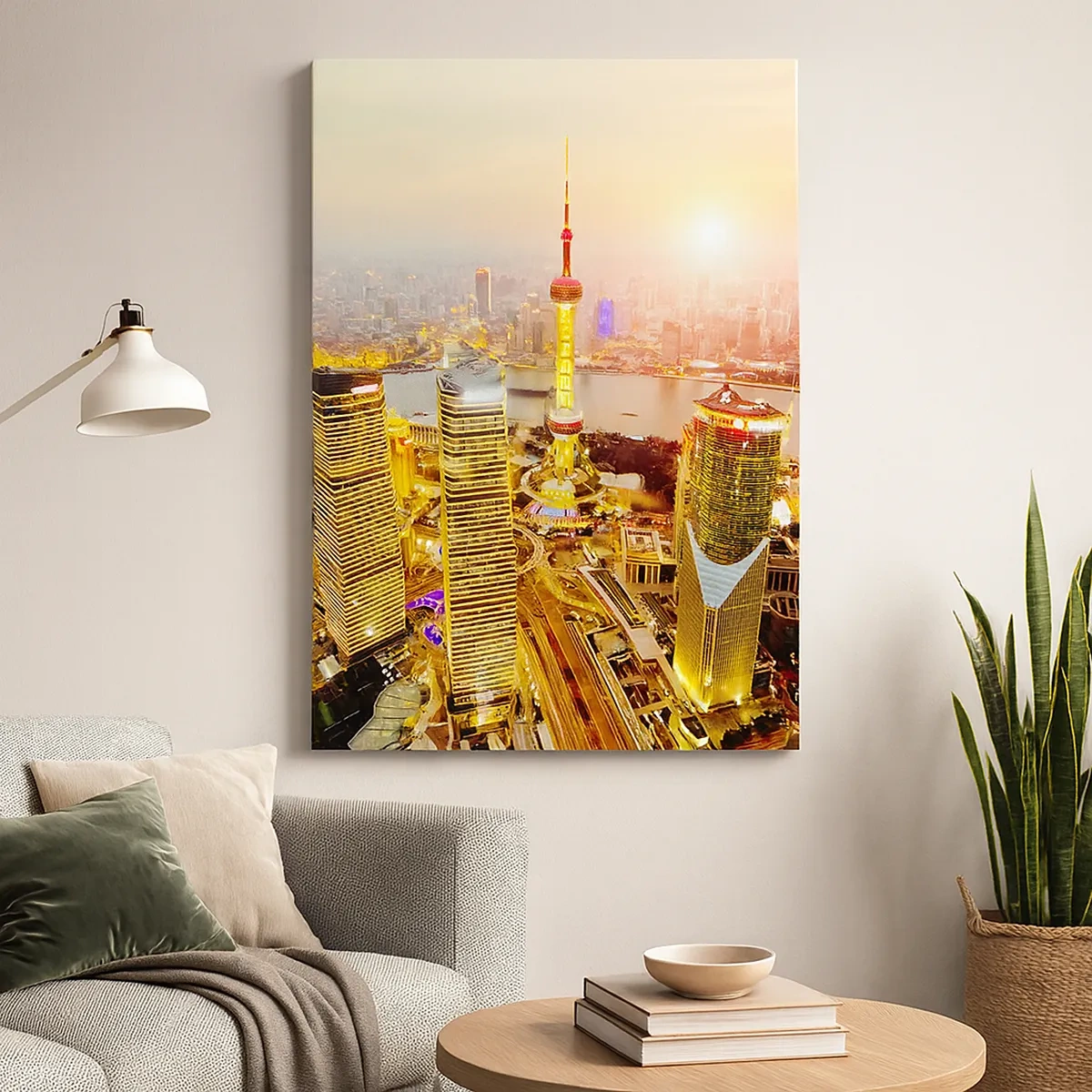 Cuadro sobre lienzo - Impresión de Imagen - Panorama de la ciudad con rascacielos al atardecer - 50x70cm - Sueño asiático - Decoración de pared moderna para salón y dormitorio ARTTOR