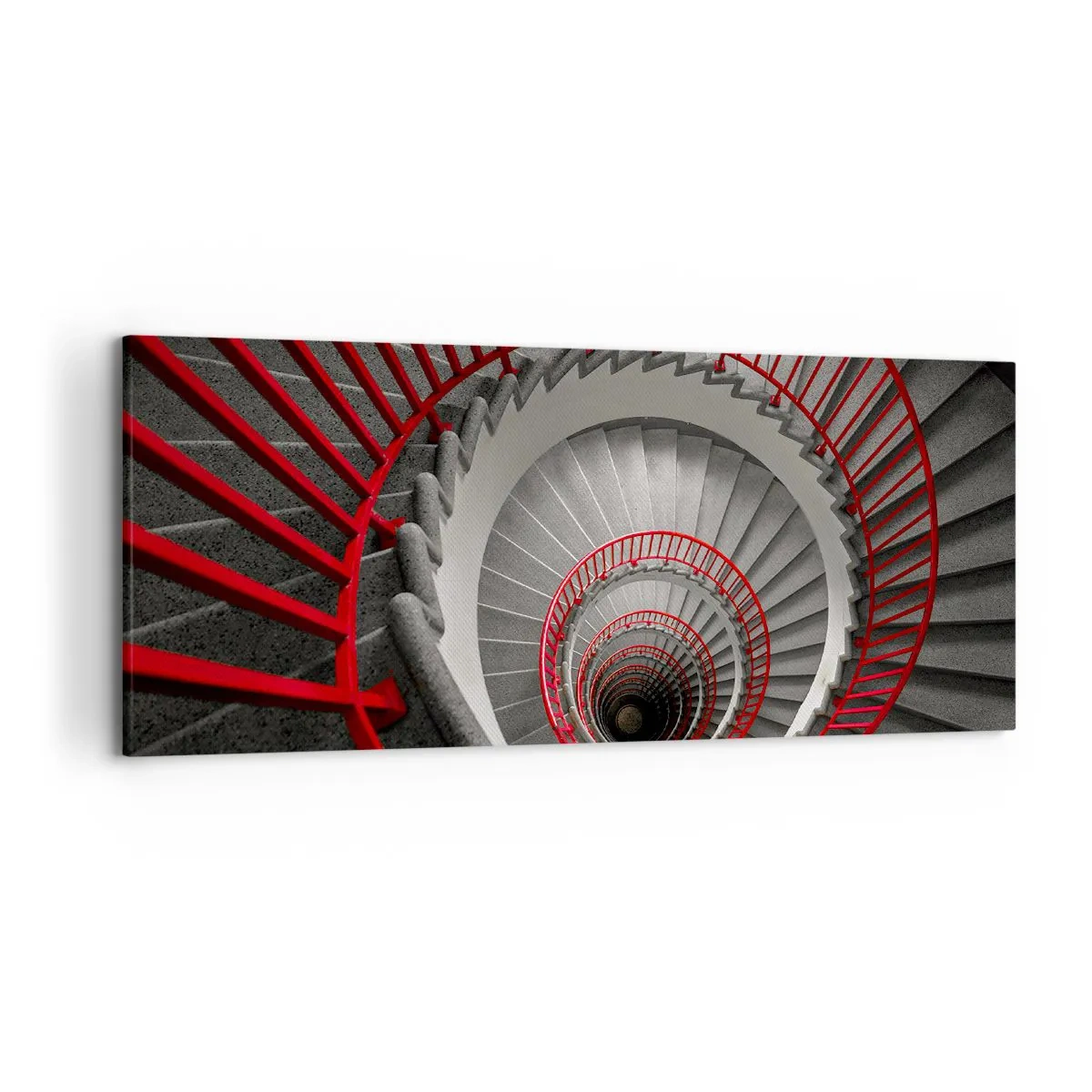 Cuadro sobre lienzo - Impresión de Imagen - Escalera de caracol con pasamanos rojos en perspectiva dinámica. - 120x50cm - Juegos arquitectónicos - Decoración de pared moderna para salón y dormitorio ARTTOR
