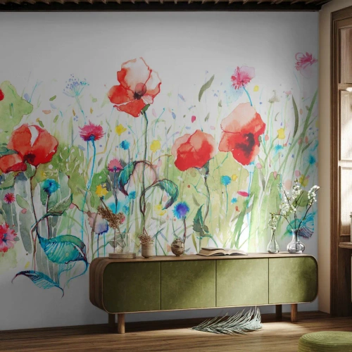 Fotomural Premium Sand - Un prado en flor en mayo - flores, amapolas, Jardín - 150x105 cm
