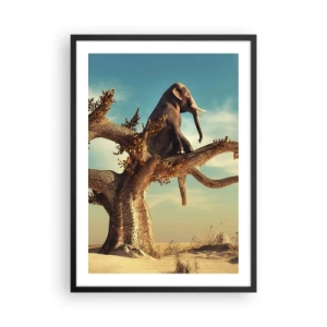 Póster en marco negro - Un elefante sentado en la rama de un árbol en un paisaje surrealista. - 50x70cm - Un nuevo punto de vista - Decoración de pared moderna para salón y dormitorio ARTTOR