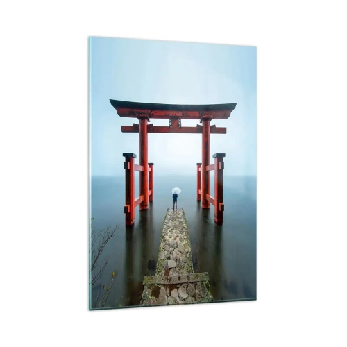 Cuadro sobre vidrio - Impresiones sobre Vidrio - Una puerta torii con vistas a un lago tranquilo en Japón - 80x120cm - Ensueño japonés - Decoración de pared moderna para salón y dormitorio ARTTOR