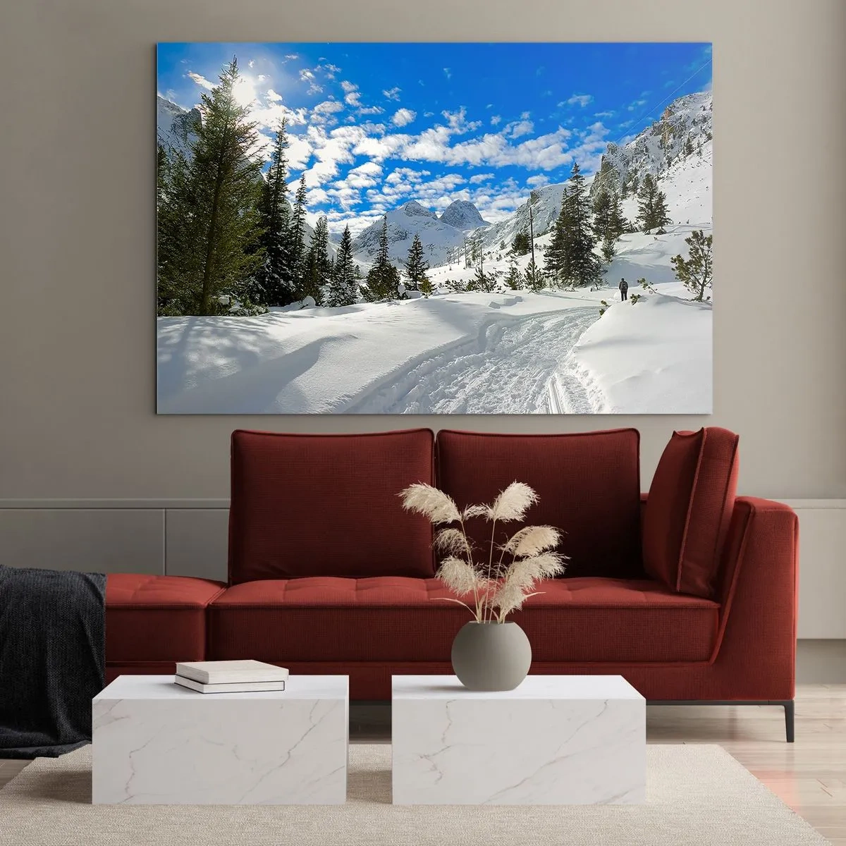 Cuadro sobre vidrio - Impresiones sobre Vidrio - Paisaje invernal de montaña con bosque y cielo azul. - 120x80cm - Nieve y sol - Decoración de pared moderna para salón y dormitorio ARTTOR