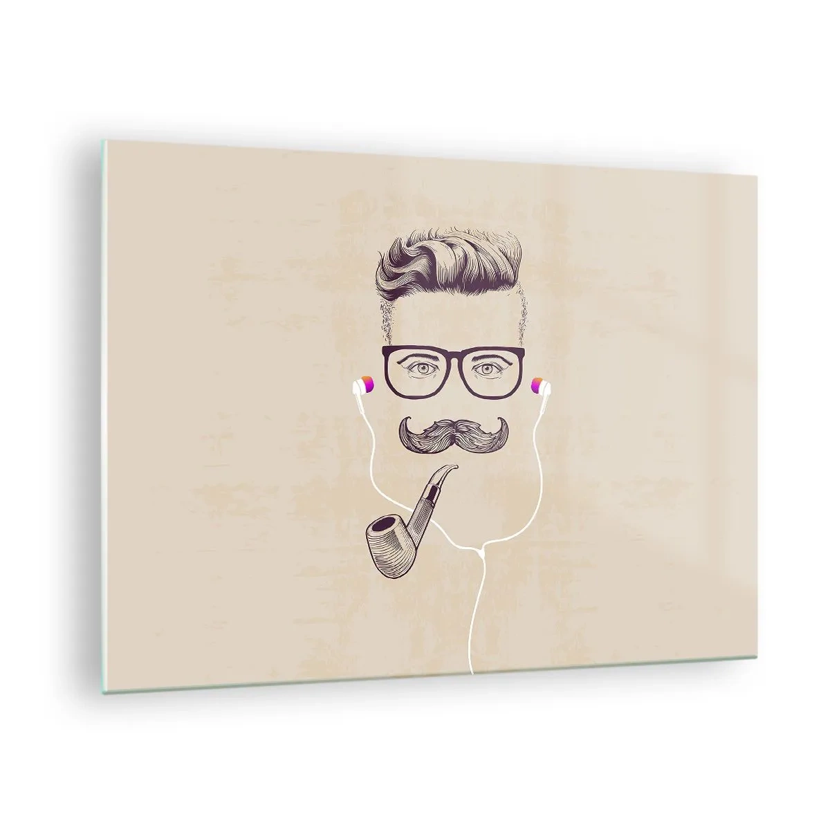 Cuadro sobre vidrio - Impresiones sobre Vidrio - Un dibujo de un hombre estilizado con gafas, bigote y pipa. - 70x50cm - Moda masculina - Decoración de pared moderna para salón y dormitorio ARTTOR