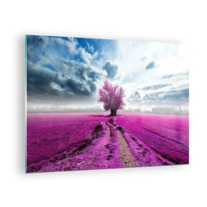 Cuadro sobre vidrio - Impresiones sobre Vidrio - Un árbol en un campo de brezos bajo un cielo dinámico. - 70x50cm - El brezal - un encanto - Decoración de pared moderna para salón y dormitorio ARTTOR