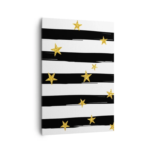 Cuadro sobre lienzo - Impresión de Imagen - Rayas blancas y negras con estrellas doradas - 70x100cm - Todos hemos nacido bajo una estrella de la suerte - Decoración de pared moderna para salón y dormitorio ARTTOR