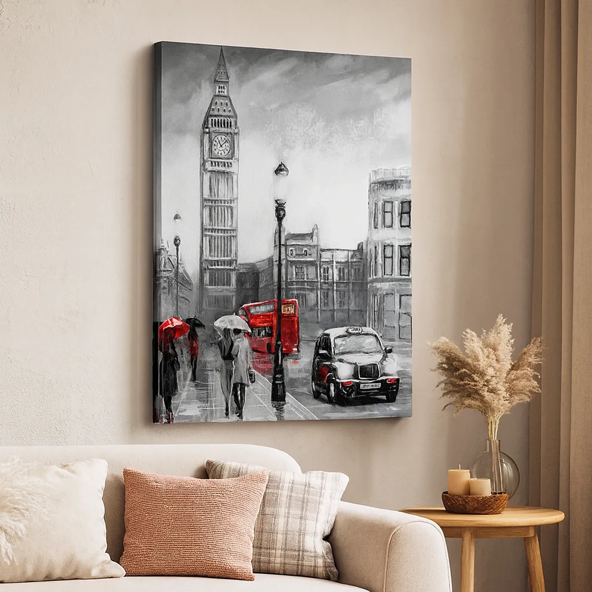 Cuadro sobre lienzo - Impresión de Imagen - Una escena de Londres en blanco y negro con acentos rojos. - 50x70cm - No tan gris como la pintan - Decoración de pared moderna para salón y dormitorio ARTTOR