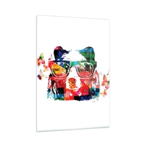 Cuadro sobre vidrio - Impresiones sobre Vidrio - Oso colorido con gafas en estilo pop art con temática musical. - 50x70cm - ¡Me encanta! - Decoración de pared moderna para salón y dormitorio ARTTOR