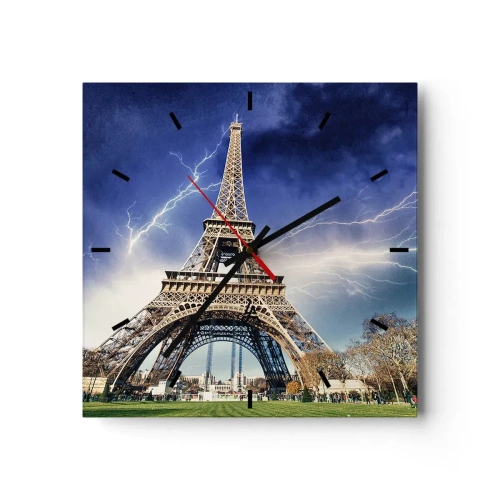 Reloj de pared - Reloj de vidrio - La Torre Eiffel con un cielo tormentoso y relámpagos al fondo. - 30x30cm - Reina sobre las tormentas - Decoración de pared moderna para salón y dormitorio ARTTOR