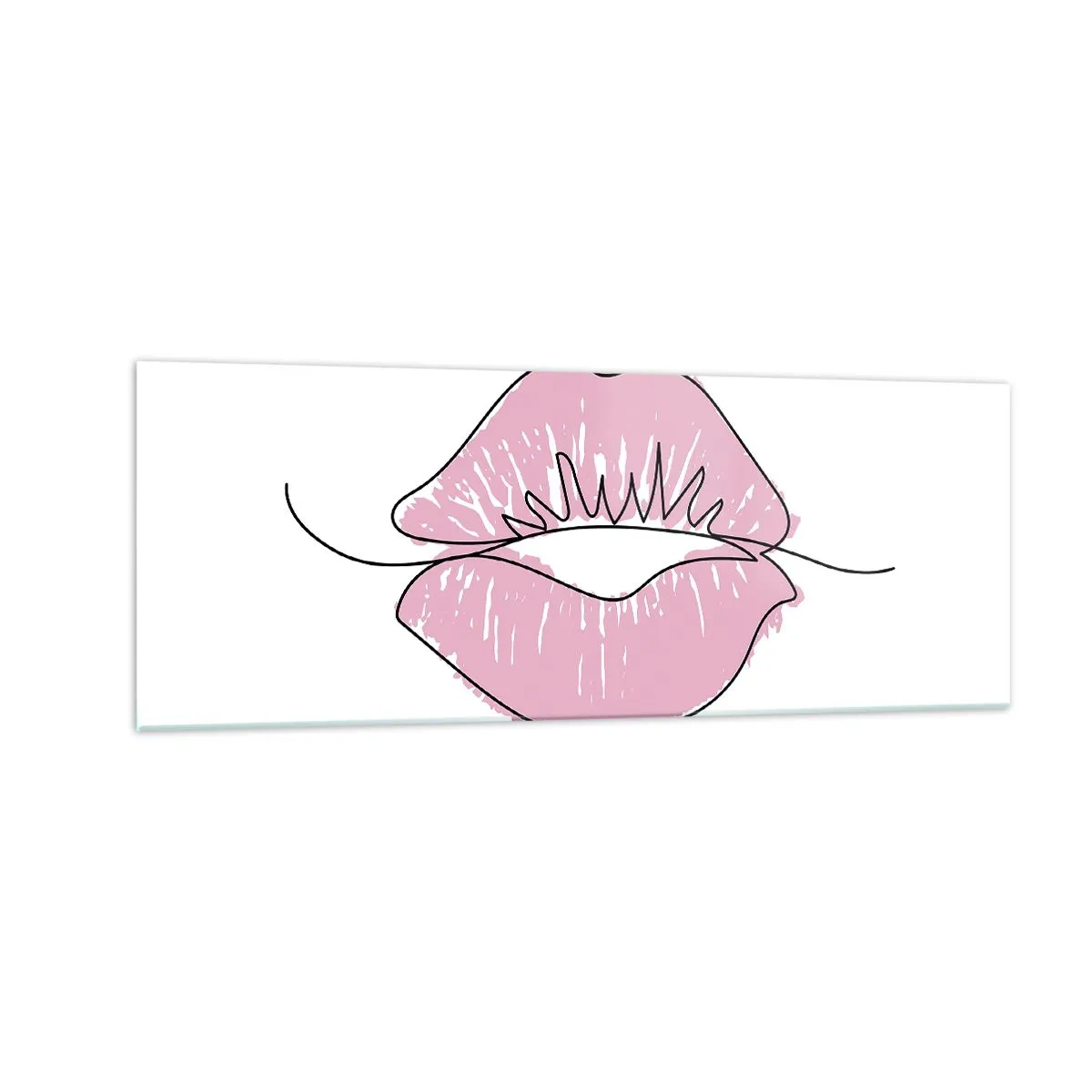 Cuadro sobre vidrio - Impresiones sobre Vidrio - Dibujo de labios minimalista en tono rosa. - 140x50cm - ¿Listo para un beso? - Decoración de pared moderna para salón y dormitorio ARTTOR