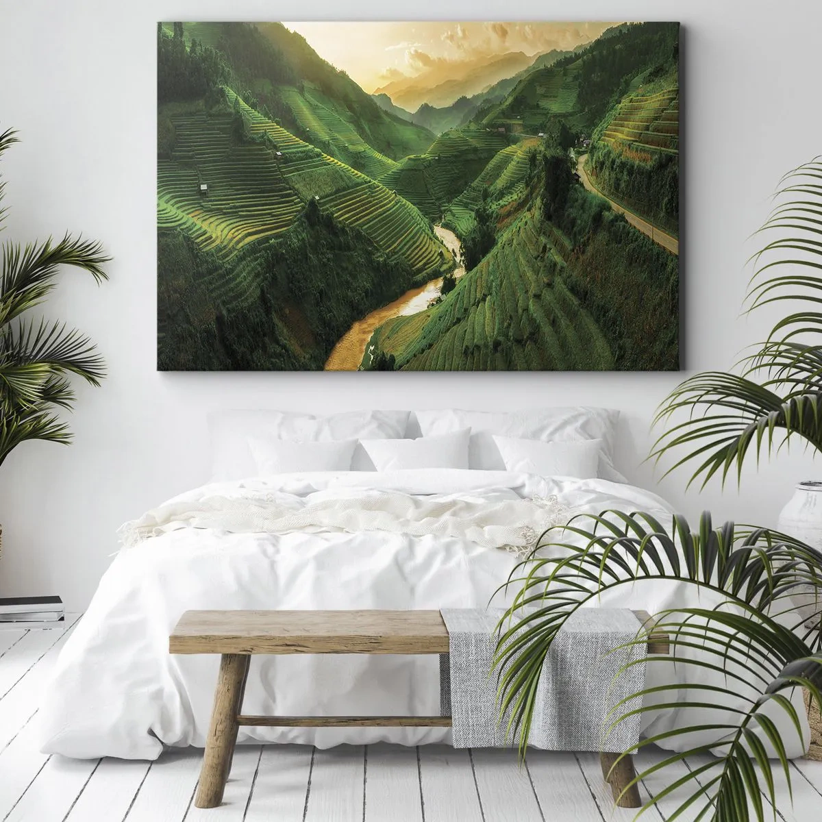 Cuadro sobre lienzo - Impresión de Imagen - Pintorescas terrazas de arroz en un valle verde iluminado por el sol poniente - 70x50cm - Valle vietnamita - Decoración de pared moderna para salón y dormitorio ARTTOR