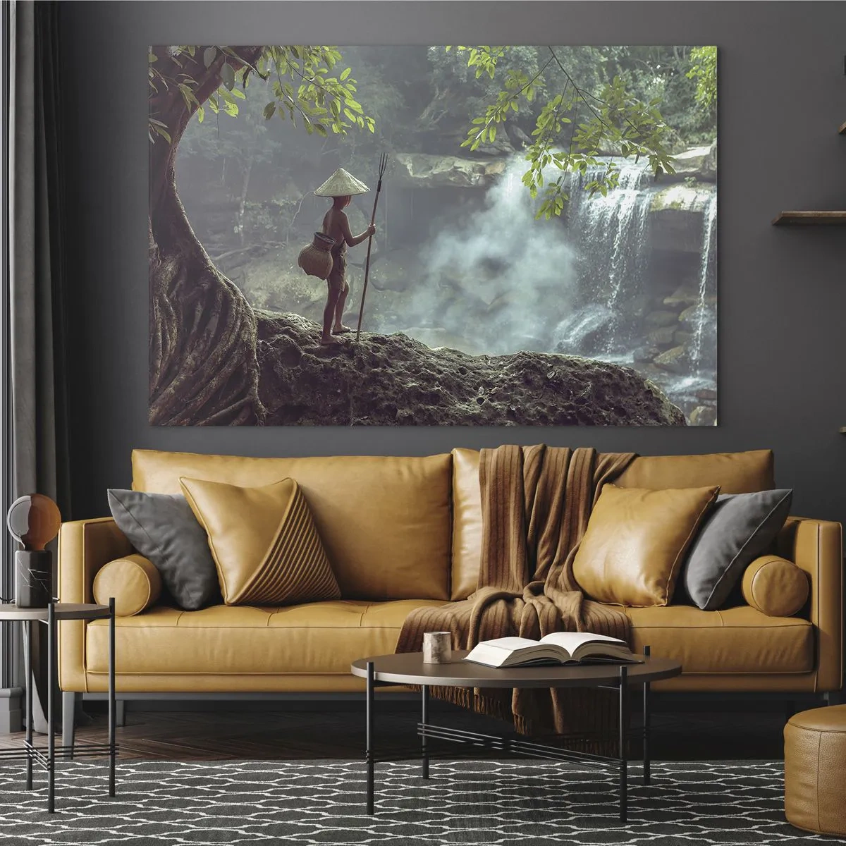 Cuadro sobre vidrio - Impresiones sobre Vidrio - Un niño con una lanza en una cascada en la selva tropical. - 100x70cm - Amistad con la naturaleza - Decoración de pared moderna para salón y dormitorio ARTTOR