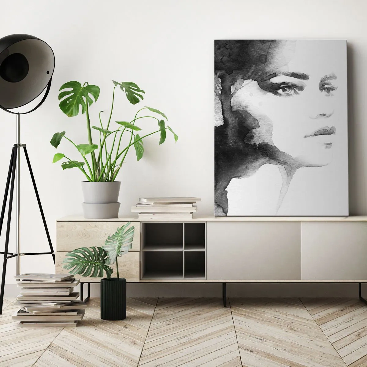 Cuadro sobre lienzo - Impresión de Imagen - Un retrato sutil de una mujer en tonos blanco y negro. - 50x70cm - Hecho de misterio y niebla - Decoración de pared moderna para salón y dormitorio ARTTOR