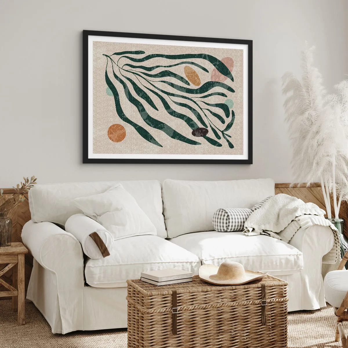 Póster en marco negro - Líneas y formas orgánicas en verde y beige. - 70x50cm - Entre verdes - Decoración de pared moderna para salón y dormitorio ARTTOR