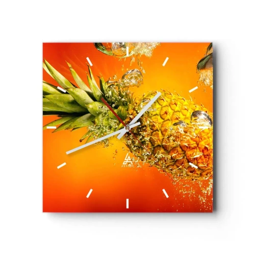 Reloj de pared - Reloj de vidrio - Una piña sumergida en agua sobre un fondo degradado naranja. - 30x30cm - Jugosa frescura tropical - Decoración de pared moderna para salón y dormitorio ARTTOR