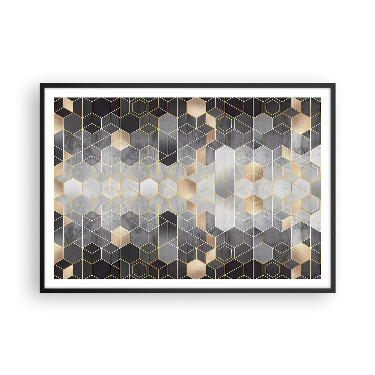 Póster en marco negro - Patrón geométrico en tonos dorados - 100x70cm - Composición de diamantes - Decoración de pared moderna para salón y dormitorio ARTTOR